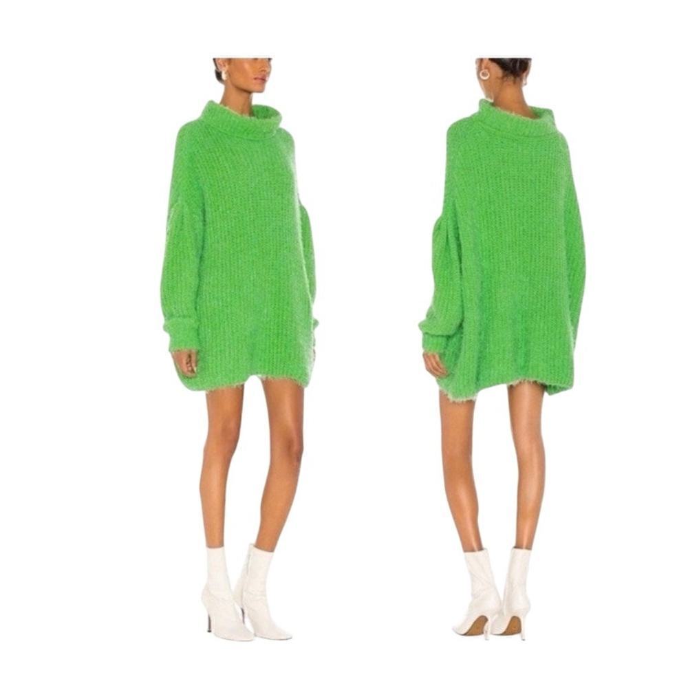 Free People Oasis Oversized Tunic Sweater Mock Neck Fuzzy Chunky Green Energy SM - Picture 10 of 11
